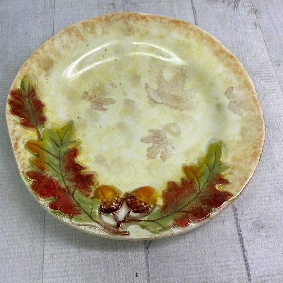 Gibson Elite SIMPLY NATURE Handpainted Embossed Leaves Nuts Salad Plates Set 4 - Picture 8 of 16